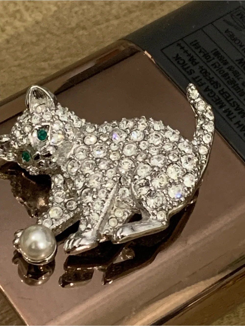 Swarovski Silver Crystal Kitten Cat Brooch with Pearl Accent